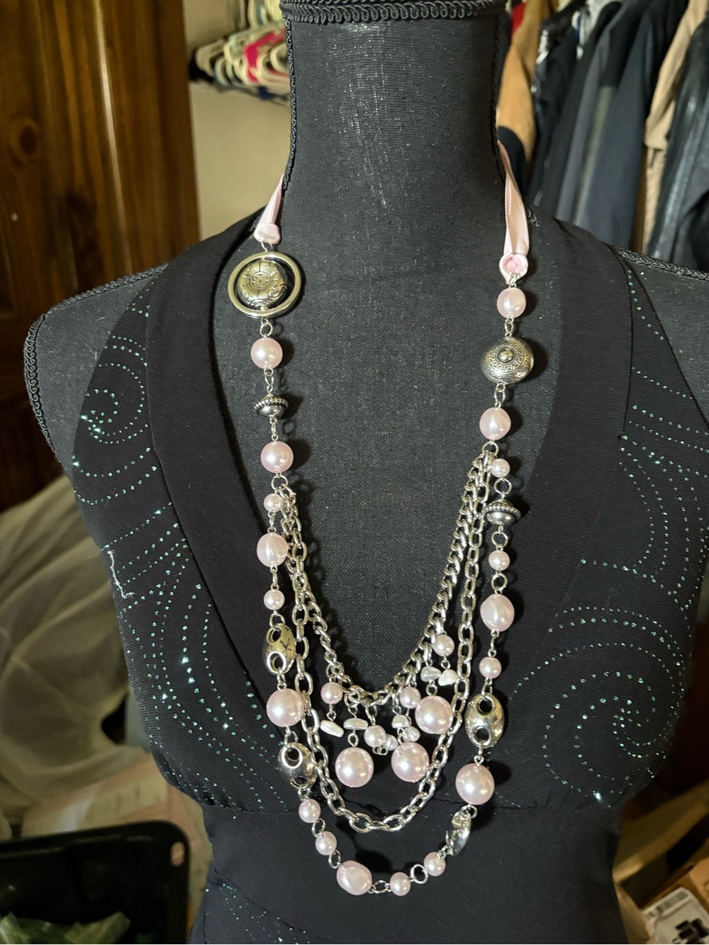 Multi-Strand Pink Pearl and Silver Chain Statement Necklace